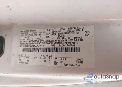 2011 Ford E-350 Super Duty Xlt из США, поврежденный, VIN 1FBSS3BL1BDA74975